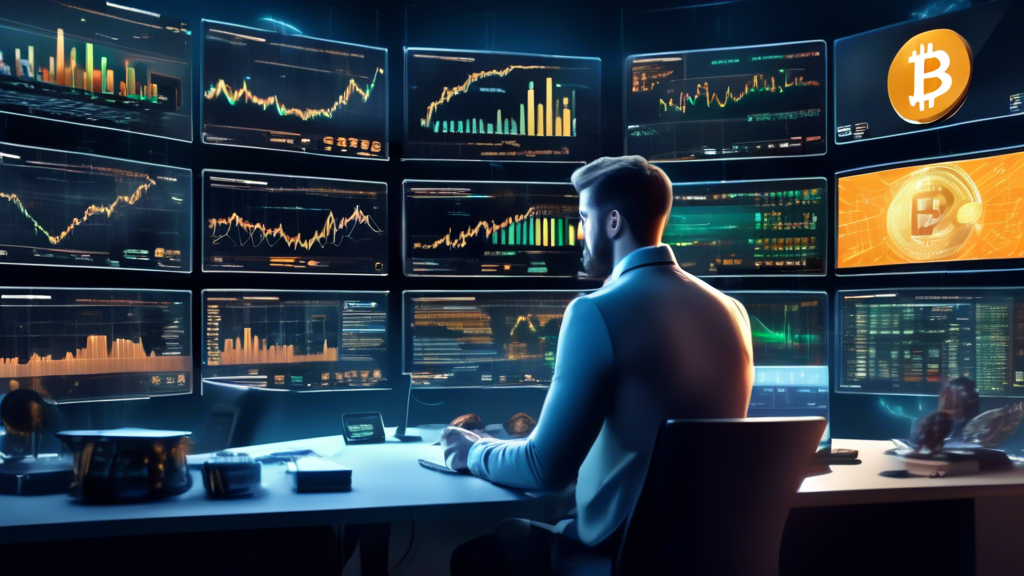 Create an image that illustrates the concept of successful cryptocurrency investment. The scene shows a futuristic and dynamic trading room filled with large digital screens displaying various cryptocurrency charts and graphs. In the center, a confident investor, surrounded by virtual coins like Bitcoin, Ethereum, and Ripple, is analyzing data with a focused expression. The investor's workstation includes a mix of traditional financial tools and cutting-edge technology, symbolizing the blend of classic wisdom and modern innovation in cryptocurrency investment. The room exudes an atmosphere of success, knowledge, and strategic thinking.