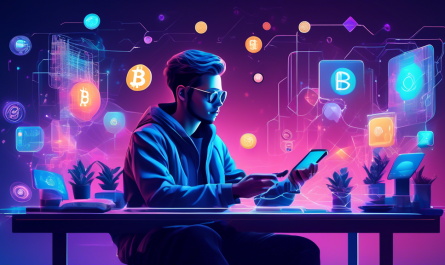 Create an image of a person sitting at a desk, surrounded by a futuristic digital environment. They're holding a smartphone displaying various crypto app icons like wallets, exchanges, and portfolio trackers. The background features abstract representations of popular cryptocurrencies like Bitcoin, Ethereum, and others, depicted as holograms. The overall tone should be educational and inviting, with visual cues suggesting ease of use and accessibility for beginners.