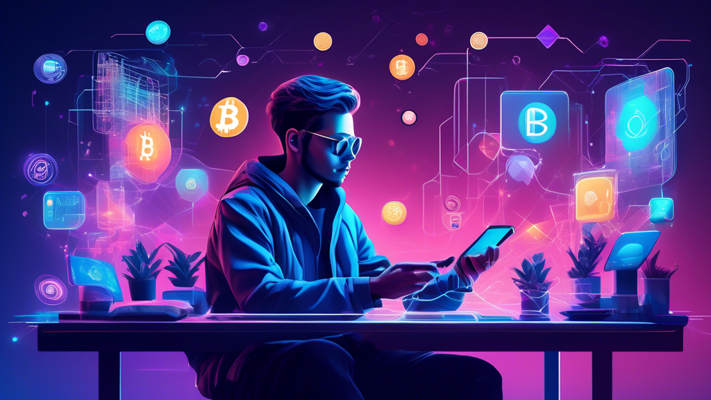 Create an image of a person sitting at a desk, surrounded by a futuristic digital environment. They're holding a smartphone displaying various crypto app icons like wallets, exchanges, and portfolio trackers. The background features abstract representations of popular cryptocurrencies like Bitcoin, Ethereum, and others, depicted as holograms. The overall tone should be educational and inviting, with visual cues suggesting ease of use and accessibility for beginners.