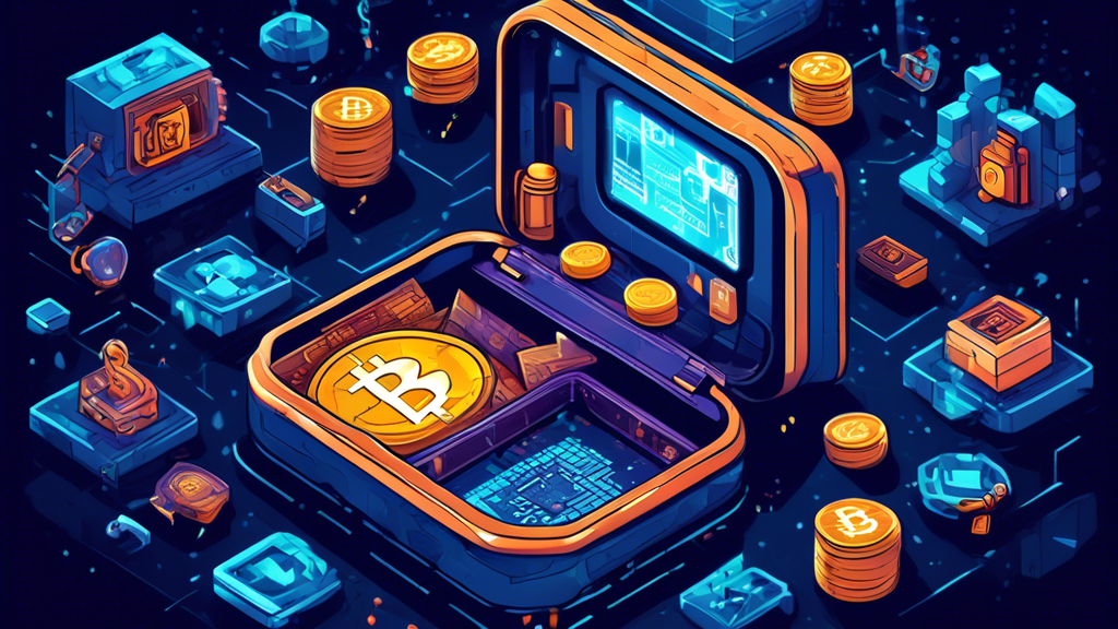 Create an illustration depicting the inside of a cold wallet used for cryptocurrency storage. The image should show a secure, futuristic vault with digital interface displays and security symbols like locks and keys. Include virtual representations of popular cryptocurrencies like Bitcoin and Ethereum inside the wallet, emphasizing the theme of safeguarding digital assets.