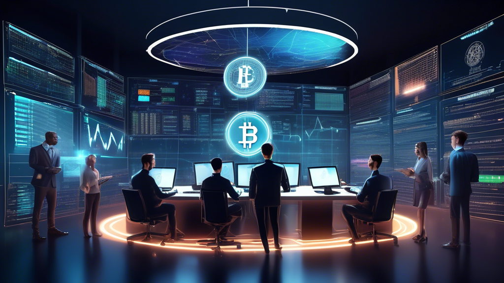 Create an image that depicts a visually engaging and informative scene, combining elements of cryptocurrency and taxation. Imagine a futuristic office space where digital coins, such as Bitcoin and Ethereum, are integrated into traditional tax documents. Include a diverse group of individuals, representing professionals and enthusiasts, analyzing complex charts and data on holographic displays. The atmosphere should convey a sense of exploration and clarity within the world of cryptotax, merging digital innovation with financial responsibilities.