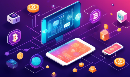 Create an illustrative, educational image that visually explains the concept of a cryptocurrency wallet. The image should include digital wallet icons, blockchain symbols, and imagery representing secure transactions. Incorporate elements like a smartphone displaying a digital wallet interface, cryptographic keys floating around it, and currency icons like Bitcoin and Ethereum. The background should have a futuristic, digital aesthetic, suggesting a secure, interconnected network, and include a simplified flowchart showing how transactions are processed using a cryptocurrency wallet.