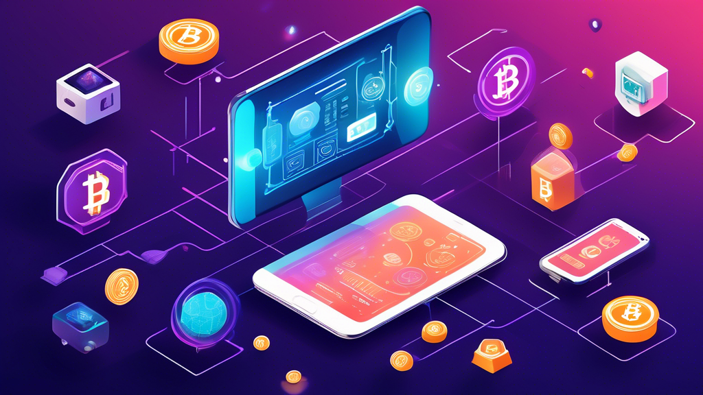 Create an illustrative, educational image that visually explains the concept of a cryptocurrency wallet. The image should include digital wallet icons, blockchain symbols, and imagery representing secure transactions. Incorporate elements like a smartphone displaying a digital wallet interface, cryptographic keys floating around it, and currency icons like Bitcoin and Ethereum. The background should have a futuristic, digital aesthetic, suggesting a secure, interconnected network, and include a simplified flowchart showing how transactions are processed using a cryptocurrency wallet.