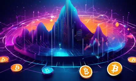 Create a visually engaging digital illustration showcasing the dynamic trends in cryptocurrency prices. The image should feature a futuristic digital landscape with various iconic cryptocurrencies like Bitcoin, Ethereum, and others represented as physical coins. These coins should be interconnected with fluctuating graphs and charts that symbolize volatility and trends. Incorporate elements of financial technology, such as blockchain symbols and digital code patterns, to emphasize the digital nature of this financial sector. The overall color scheme should be a blend of vibrant greens and reds to represent the highs and lows of the market trends.