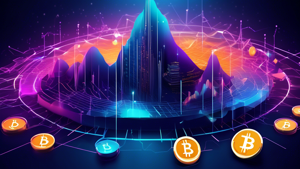 Create a visually engaging digital illustration showcasing the dynamic trends in cryptocurrency prices. The image should feature a futuristic digital landscape with various iconic cryptocurrencies like Bitcoin, Ethereum, and others represented as physical coins. These coins should be interconnected with fluctuating graphs and charts that symbolize volatility and trends. Incorporate elements of financial technology, such as blockchain symbols and digital code patterns, to emphasize the digital nature of this financial sector. The overall color scheme should be a blend of vibrant greens and reds to represent the highs and lows of the market trends.