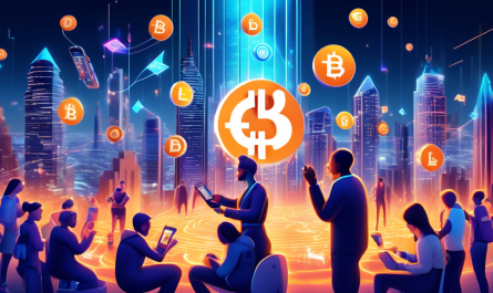 Create an image depicting a futuristic cityscape where digital currency symbols float in the air. In the foreground, diverse individuals are actively trading using advanced handheld devices featuring the Luno logo. The scene should highlight both the excitement and complexities of cryptocurrency trading, showcasing a blend of glowing screens, financial graphs, and holographic representations of market fluctuations.