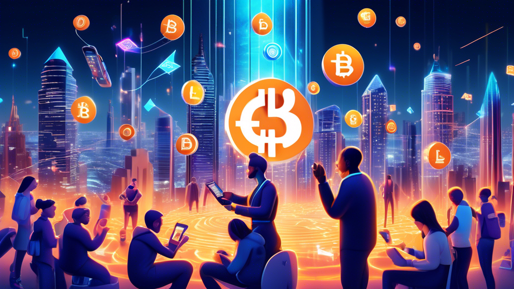 Create an image depicting a futuristic cityscape where digital currency symbols float in the air. In the foreground, diverse individuals are actively trading using advanced handheld devices featuring the Luno logo. The scene should highlight both the excitement and complexities of cryptocurrency trading, showcasing a blend of glowing screens, financial graphs, and holographic representations of market fluctuations.