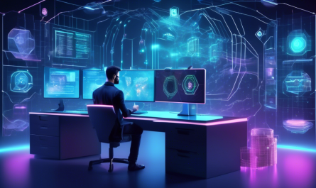 Create an image depicting a futuristic digital security setup for managing a cryptocurrency account. The scene should include a user sitting at a sleek, modern workstation surrounded by holographic displays showing blockchain networks, security locks, and financial data. In the background, visualize a glowing digital vault protecting cryptocurrency assets. Incorporate elements like biometric scanners, two-factor authentication devices, and floating security shields to emphasize the importance of securing crypto accounts. The overall atmosphere should convey a sense of advanced technology and impenetrable security.