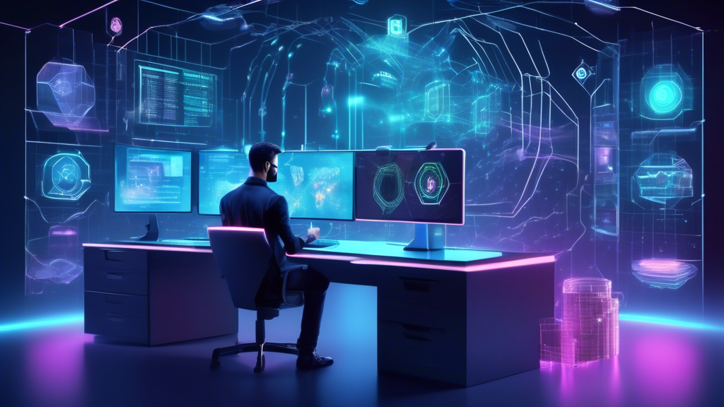 Create an image depicting a futuristic digital security setup for managing a cryptocurrency account. The scene should include a user sitting at a sleek, modern workstation surrounded by holographic displays showing blockchain networks, security locks, and financial data. In the background, visualize a glowing digital vault protecting cryptocurrency assets. Incorporate elements like biometric scanners, two-factor authentication devices, and floating security shields to emphasize the importance of securing crypto accounts. The overall atmosphere should convey a sense of advanced technology and impenetrable security.