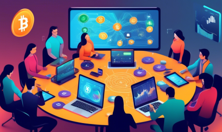 Create an image that visually represents the concept of a beginner's guide to cryptocurrency investing. The scene features a diverse group of individuals gathered around a modern, digital roundtable, each holding devices like smartphones, tablets, and laptops displaying colorful cryptocurrency symbols like Bitcoin, Ethereum, and Litecoin. In the background, a virtual board displays beginner-friendly charts and graphs explaining basic investment strategies. The atmosphere is one of curiosity, learning, and technological innovation.