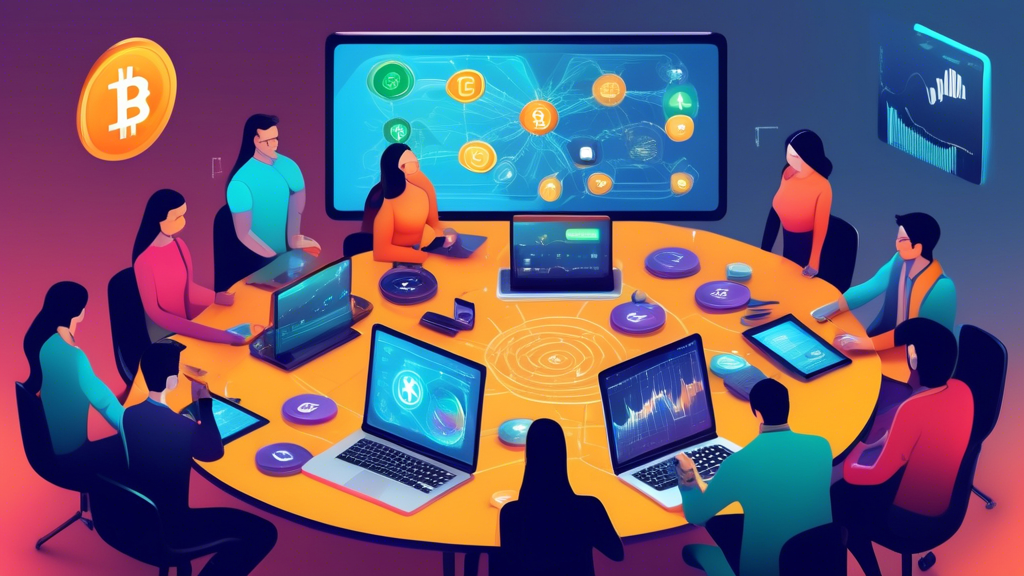 Create an image that visually represents the concept of a beginner's guide to cryptocurrency investing. The scene features a diverse group of individuals gathered around a modern, digital roundtable, each holding devices like smartphones, tablets, and laptops displaying colorful cryptocurrency symbols like Bitcoin, Ethereum, and Litecoin. In the background, a virtual board displays beginner-friendly charts and graphs explaining basic investment strategies. The atmosphere is one of curiosity, learning, and technological innovation.