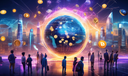 Create an imaginative and futuristic digital artwork that showcases the concept of cryptocurrency investment in 2023. The scene features a diverse array of crypto coins, each with unique symbols, orbiting around a glowing digital globe representing global networks. Incorporate futuristic cityscapes in the background, with individuals of different professions exploring these virtual coins with VR headsets. The setting should embody an atmosphere of innovation, opportunity, and financial connectivity in a high-tech world.