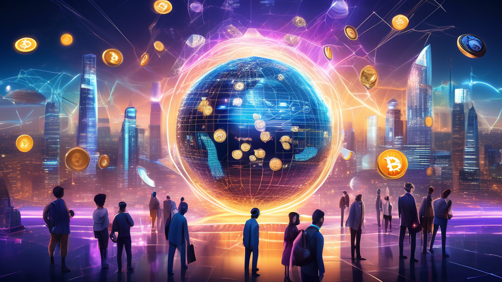 Create an imaginative and futuristic digital artwork that showcases the concept of cryptocurrency investment in 2023. The scene features a diverse array of crypto coins, each with unique symbols, orbiting around a glowing digital globe representing global networks. Incorporate futuristic cityscapes in the background, with individuals of different professions exploring these virtual coins with VR headsets. The setting should embody an atmosphere of innovation, opportunity, and financial connectivity in a high-tech world.