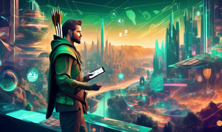 Create an image depicting a futuristic digital landscape where Robin Hood, the legendary figure, is reimagined as a modern-day icon in a sleek crypto market setting. He is surrounded by holographic charts and digital currency symbols, such as Bitcoin and Ethereum, showcasing his role as a guide. The background is bustling with diverse people engaging in trading activities on advanced devices, reflecting the theme of empowerment and accessibility in the world of cryptocurrency.