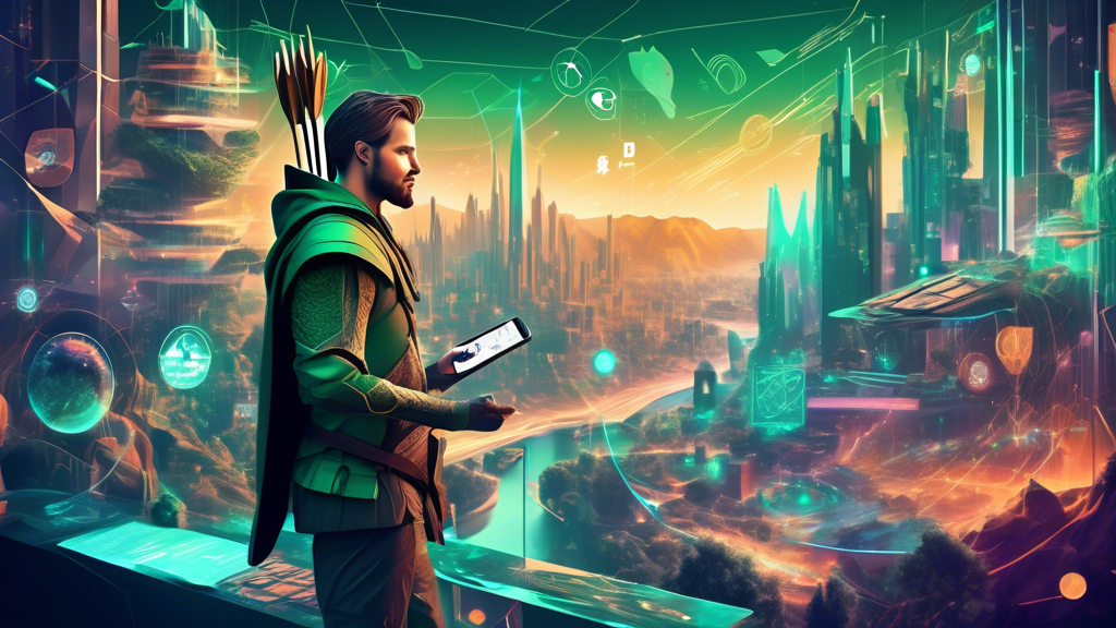 Create an image depicting a futuristic digital landscape where Robin Hood, the legendary figure, is reimagined as a modern-day icon in a sleek crypto market setting. He is surrounded by holographic charts and digital currency symbols, such as Bitcoin and Ethereum, showcasing his role as a guide. The background is bustling with diverse people engaging in trading activities on advanced devices, reflecting the theme of empowerment and accessibility in the world of cryptocurrency.