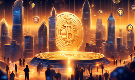 Create an artistic illustration depicting the concept of cryptocurrency with a focus on the rise and potential of Pi Coin. Imagine a futuristic cityscape where digital coins float in the air, with Pi Coin prominently featured in a glowing, golden hue. The background shows advanced technology and people interacting with virtual currency in a seamless, utopian environment. Include elements like digital ledgers, network connections, and abstract representations of blockchain to symbolize the underpinning technology.