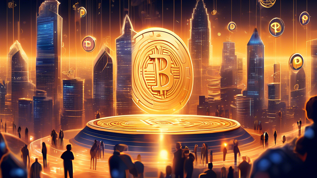 Create an artistic illustration depicting the concept of cryptocurrency with a focus on the rise and potential of Pi Coin. Imagine a futuristic cityscape where digital coins float in the air, with Pi Coin prominently featured in a glowing, golden hue. The background shows advanced technology and people interacting with virtual currency in a seamless, utopian environment. Include elements like digital ledgers, network connections, and abstract representations of blockchain to symbolize the underpinning technology.