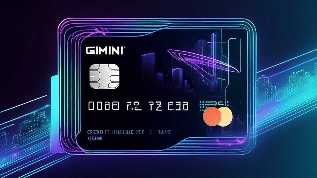 Create an image depicting a futuristic, sleek design of a credit card under the brand Gemini. The card should have holographic elements and digital features, such as a small display screen showing rewards and benefits. Surround the card with abstract representations of financial growth, security, and futuristic cityscapes to illustrate the idea of unlocking unique benefits and advancements with the Gemini Credit Card.