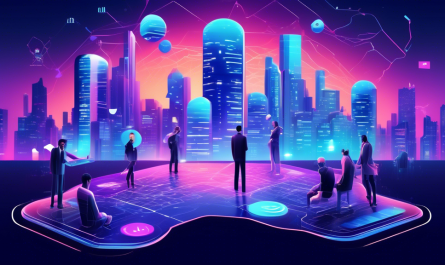 Create an illustration depicting a futuristic digital landscape representing the Gemini Crypto Platform. The scene should feature various symbolic elements such as a large twin-like icon representing Gemini, digital currency symbols floating in the air, and a diverse group of people interacting with a giant touchscreen interface displaying charts and graphs. The background should have a modern city skyline that blends seamlessly with digital elements, highlighting the integration of traditional and digital financial worlds. The overall atmosphere should convey a sense of sophistication and innovation in the world of cryptocurrency.