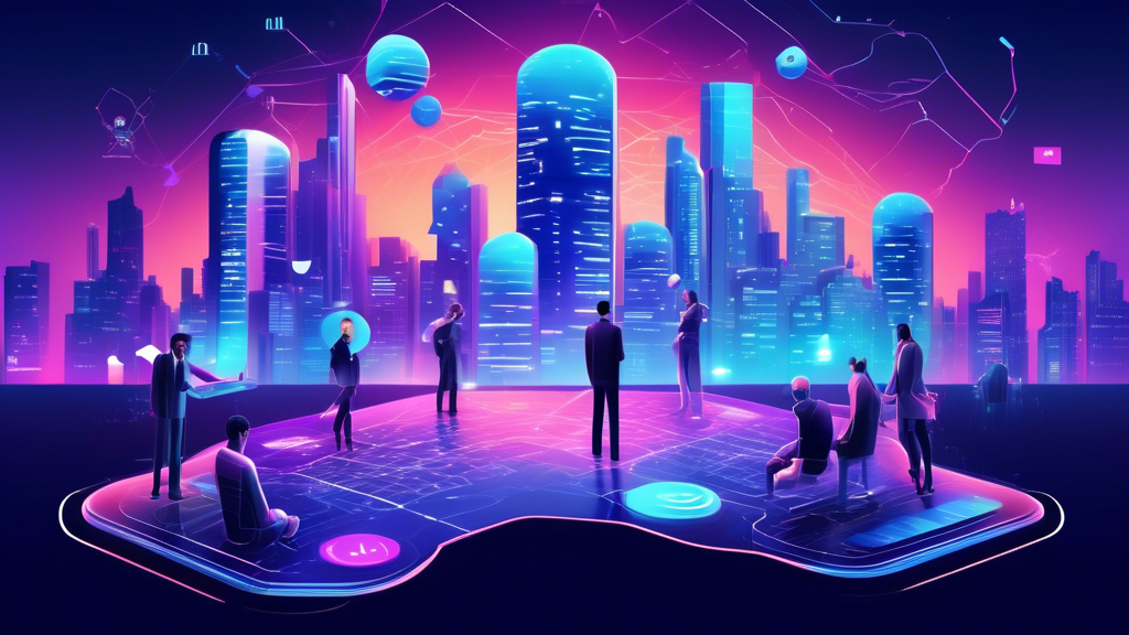 Create an illustration depicting a futuristic digital landscape representing the Gemini Crypto Platform. The scene should feature various symbolic elements such as a large twin-like icon representing Gemini, digital currency symbols floating in the air, and a diverse group of people interacting with a giant touchscreen interface displaying charts and graphs. The background should have a modern city skyline that blends seamlessly with digital elements, highlighting the integration of traditional and digital financial worlds. The overall atmosphere should convey a sense of sophistication and innovation in the world of cryptocurrency.