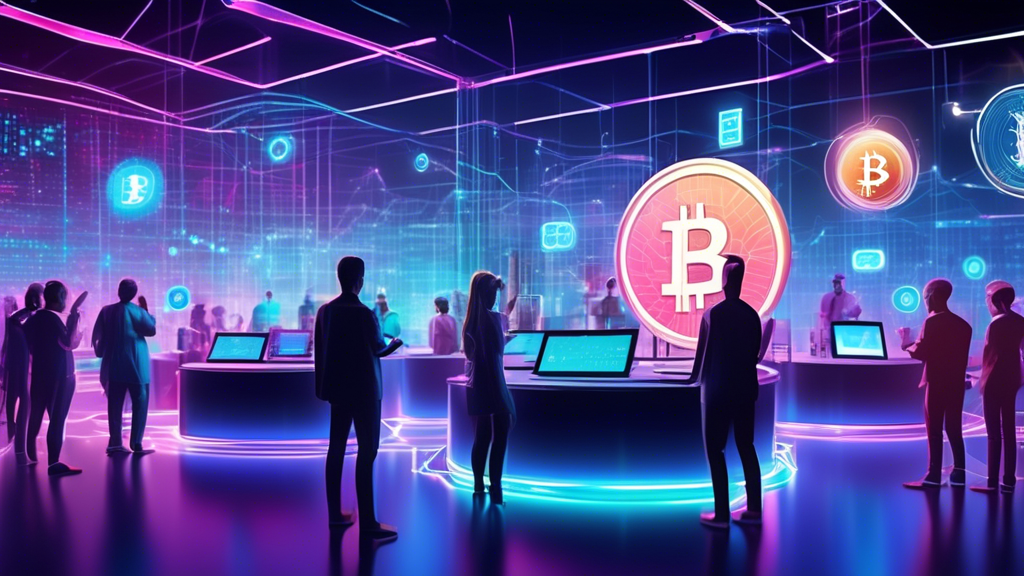 Create an image of a futuristic digital marketplace where various holographic cryptocurrencies are being traded. Include visual representations of popular cryptocurrencies like Bitcoin, Ethereum, and Ripple, with dynamic graphs showing fluctuating prices. The atmosphere should be sleek, and high-tech with traders interacting through virtual interfaces, wearing augmented reality glasses. The setting is vibrant and bustling, reflecting the fast-paced and ever-changing nature of cryptocurrency markets.