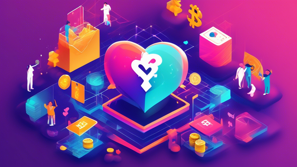 Create an image that represents the innovative concept of The Giving Block, where the world of cryptocurrency intersects with charitable donations. Visualize a vibrant digital landscape where traditional donation symbols, like hearts and helping hands, seamlessly integrate with modern cryptocurrency elements, such as blockchain chains and digital coins like Bitcoin and Ethereum. Show diversity and connectivity, illustrating how this platform revolutionizes giving by bridging technology with philanthropy. Include symbols of various global charities and a futuristic feel to emphasize the modern impact of The Giving Block in the charitable world.