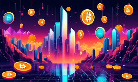 Create an image of a futuristic digital landscape with various cryptocurrency symbols like Bitcoin, Ethereum, and emerging altcoins floating in the air, surrounded by a dynamic stock market ticker and graphs showing upward trends. The scene should convey the excitement and potential of the current crypto investment boom.