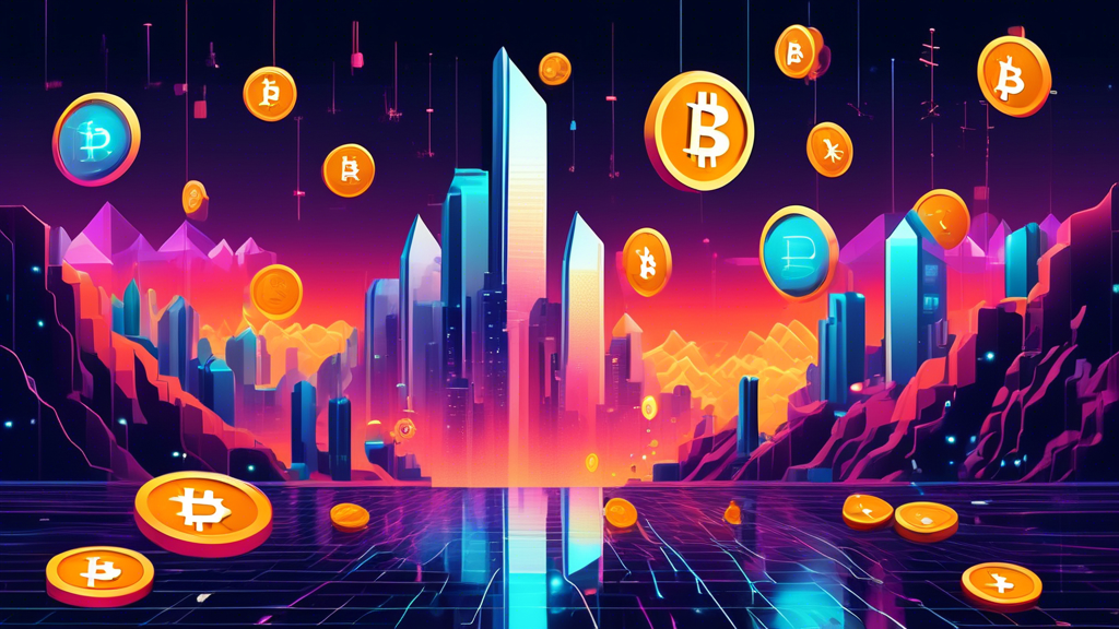 Create an image of a futuristic digital landscape with various cryptocurrency symbols like Bitcoin, Ethereum, and emerging altcoins floating in the air, surrounded by a dynamic stock market ticker and graphs showing upward trends. The scene should convey the excitement and potential of the current crypto investment boom.